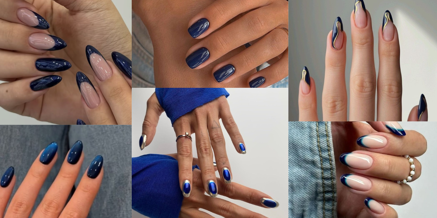 O azul-marinho é a melhor cor para dar descanso ao bordô nas unhas de outono. Inspire-se nestas 14 manicures
