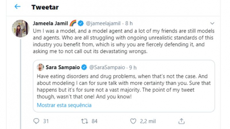 Jameela continuou a discussão com a modelo Sara Sampaio