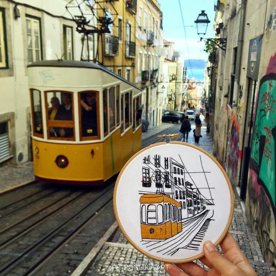 Casal faz bordados das cidades europeias que visitam — e já estiveram em Lisboa