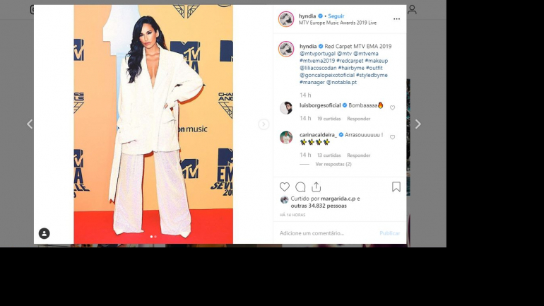 A atriz portuguesa Rita Pereira mostrou no Instagram o look que levou para a cerimónia MTV EMAs 2019