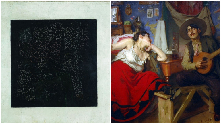 (à esquerda) 'Quadrado negro sobre fundo branco', Malevich, 1915 (à direita)'O fado', José Malhoa, 1910 