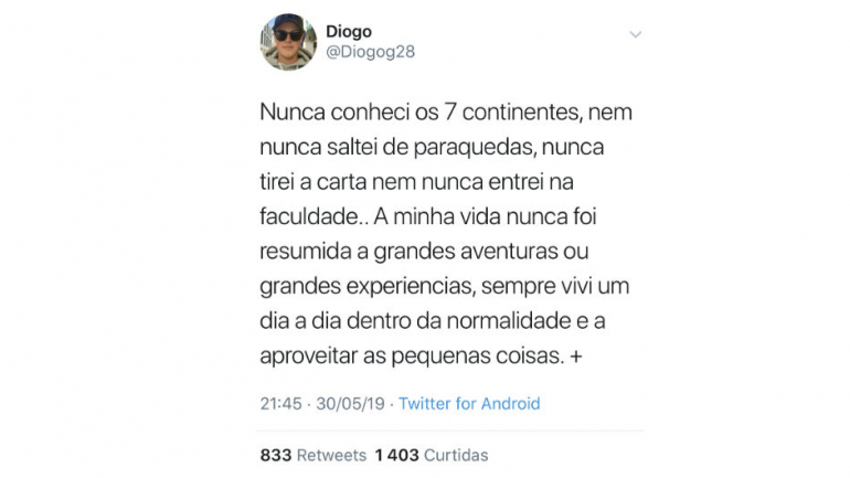 O primeiro tweet original de 'Diogo', o perfil falso que dizia ter cancro em fase terminal
