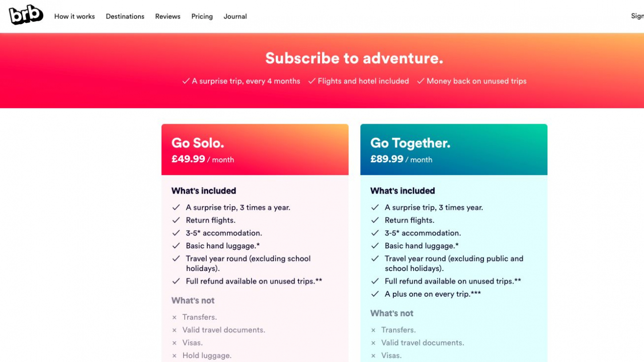 Os dois planos disponíveis da BeRightBack — que promete viagens surpresa durante todo o ano