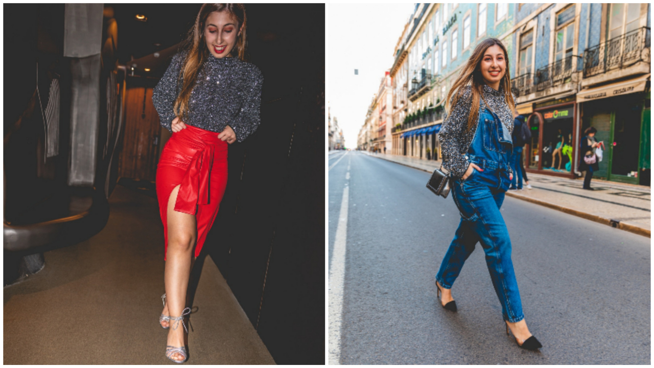 Top de lantejoulas da Pepe Jeans vs Dua Lipa; saia da Adrianne Studio  (em lançamento); saltos Tommy Hilfiger; jardineiras da Pepe Jeans vs Dua Lipa; bolsa prata da Zara; e saltos Zara