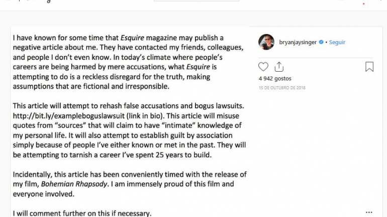 Bryan Singer. Novas acusações de abuso sexual contra o realizador de 'Bohemian Rhapsody'