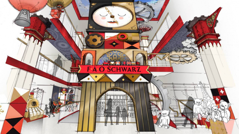 Os planos para a torre do relógio na FAO Schwarz