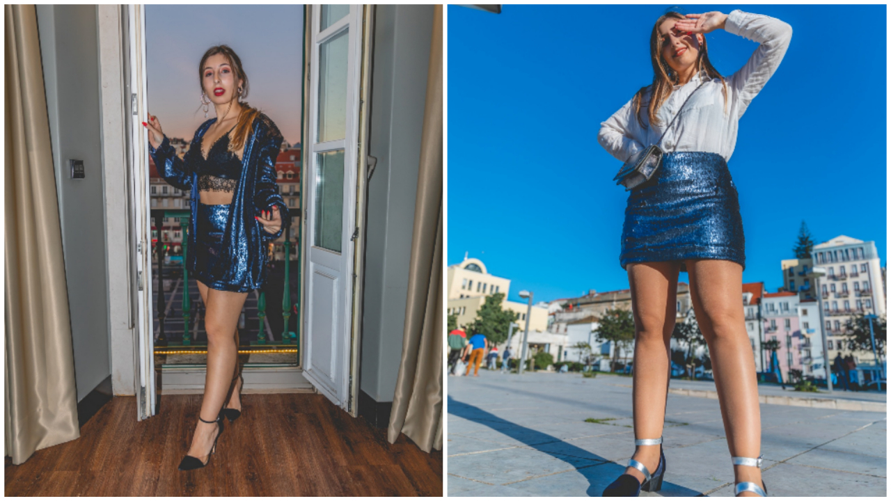 Conjunto lantejoulas da HYENA; bralette da Stradivarius; saltos da Zara; camisa da Stradivarius; bolsa prata da Zara; sapatos veludo da Nana Ferrador
