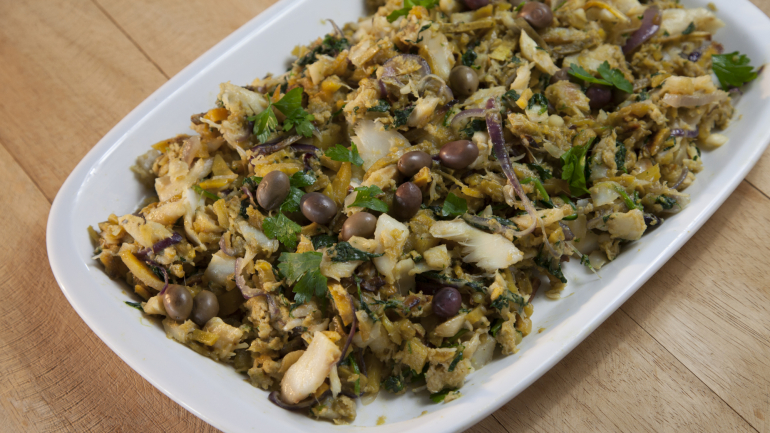 Bacalhau à Brás com batata doce no forno