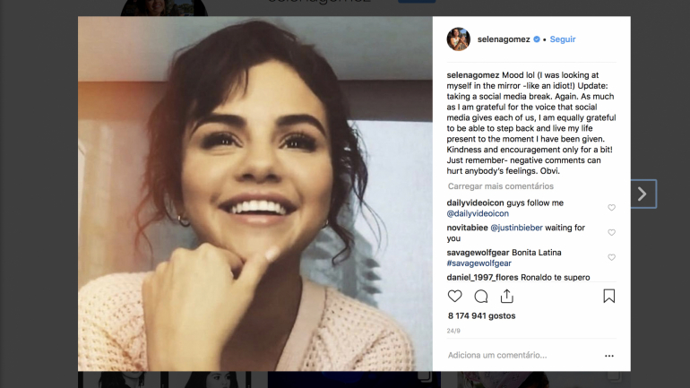 A última publicação de Selena Gomez, onde explica que vai fazer uma pausa das redes sociais