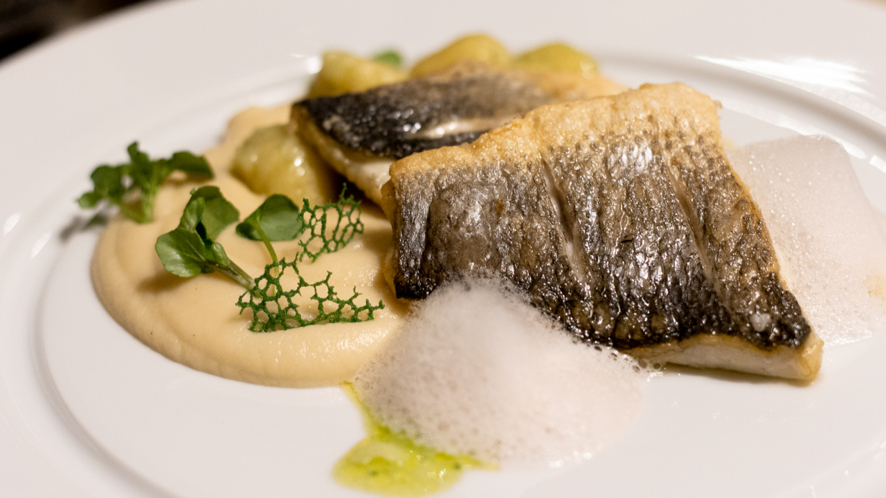 A suavidade da mousse de aipo contrasta na perfeição com a robustez de um filete que se desfaz a cada garfada por vir cozinhado no ponto e com uma pele suficientemente estaladiça sem estar queimada