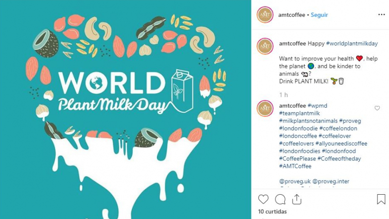 Publicação da cadeia AMT Coffee no Dia Mundial da Bebida Vegetal