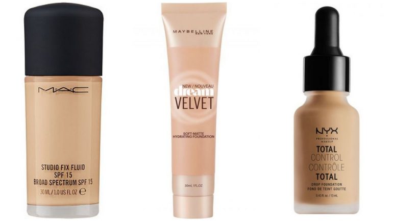 Bases para pele mista: Studio Fix Fluid, Mac; Dream Velvet, Maybeline; Total Control, Nyx.