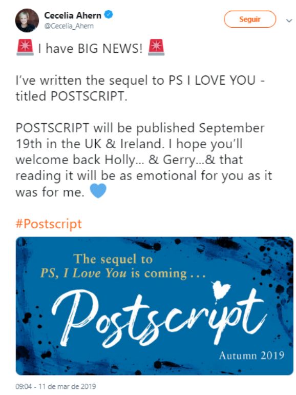 'Postscript' é a nova sequela do romance 'P.S. — I Love You'