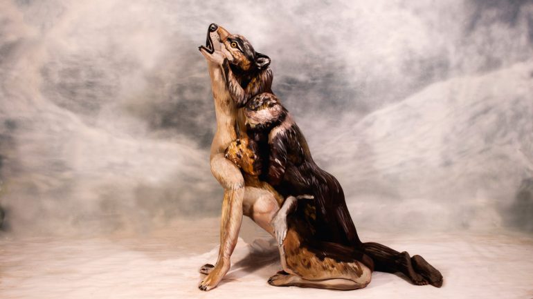 Consegue adivinhar quantas pessoas estão nesta imagem? O lobo é outra das criações do artista, e conta com a colaboração três pessoas