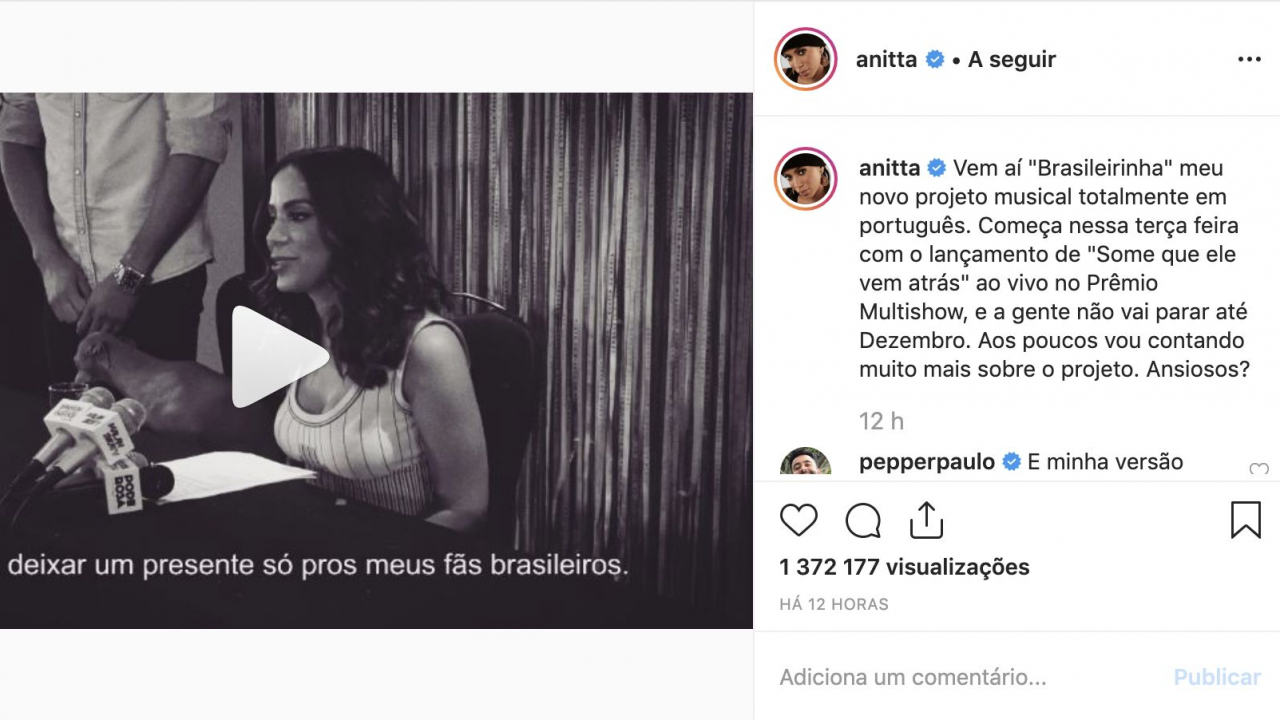 Post do vídeo que Anitta partilhou na sua conta 