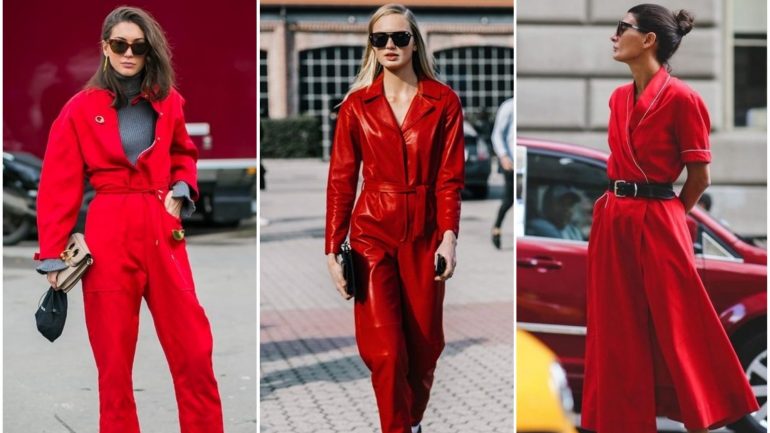 O street style das últimas semanas de moda já contou com vários tipos de macacões vermelhos