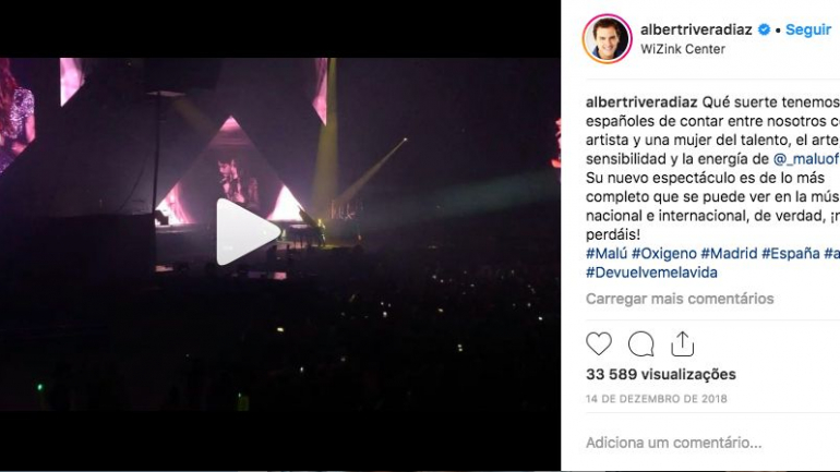 A publicação no Instagram de Rivera, em que elogia a cantora num dos seus concertos