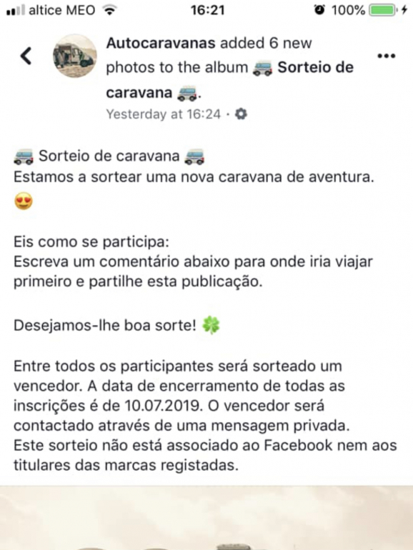 A publicação original com a informação do sorteio