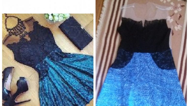 Na fotografia da esquerda o está o vestido que Joana encomendou. Na da direita, o que recebeu em casa.