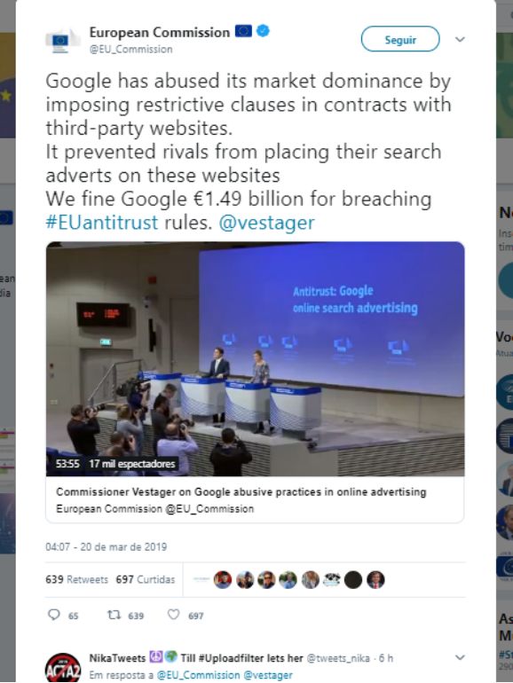 A Comissão Europeia divulgou a decisão na rede social Twitter