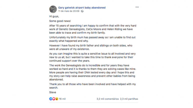 O texto publicado por Steve na página de Facebook Gary Gatwick Airport Baby Abandoned