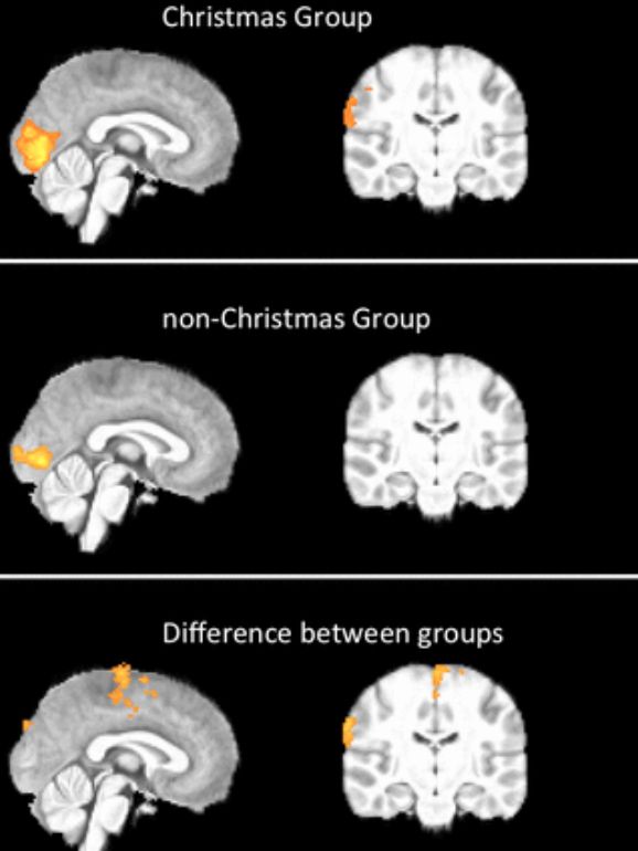 As diferenças da atividade cerebral entre os participantes que viram imagens sobre o Natal ou imagens comuns do dia a dia