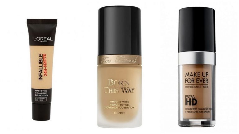 Bases para pele oleosa: Infallible 24h Matte, L'Oreal; Born This Way, Too Faced; HD, Make Up Forever.