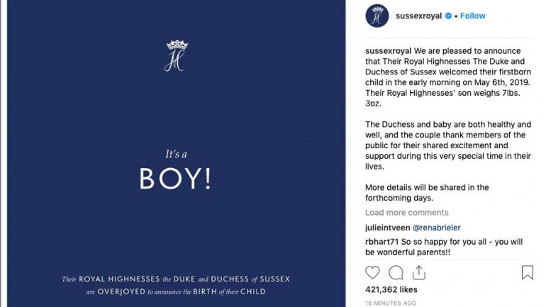 O anúncio oficial foi divulgado na página de Instragram dos duques