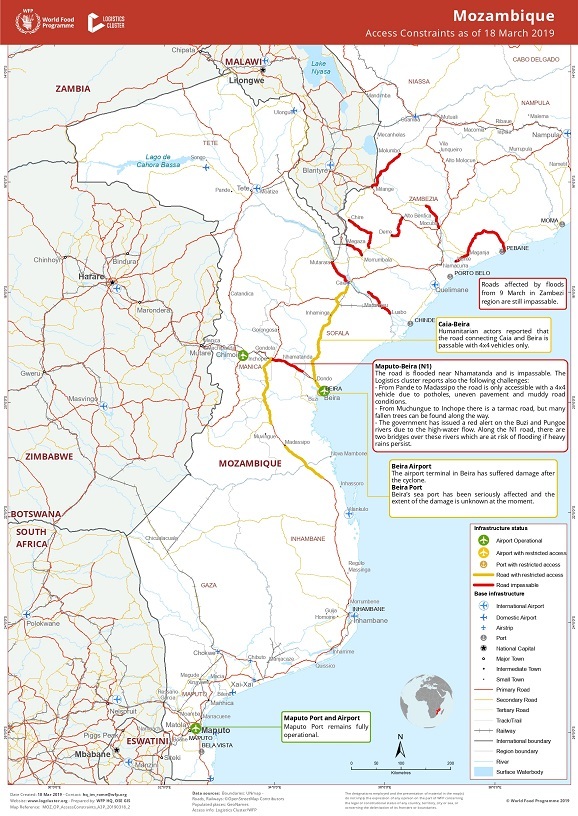 Mapa de constrangimentos de estradas na região afetada pelo ciclone Idai