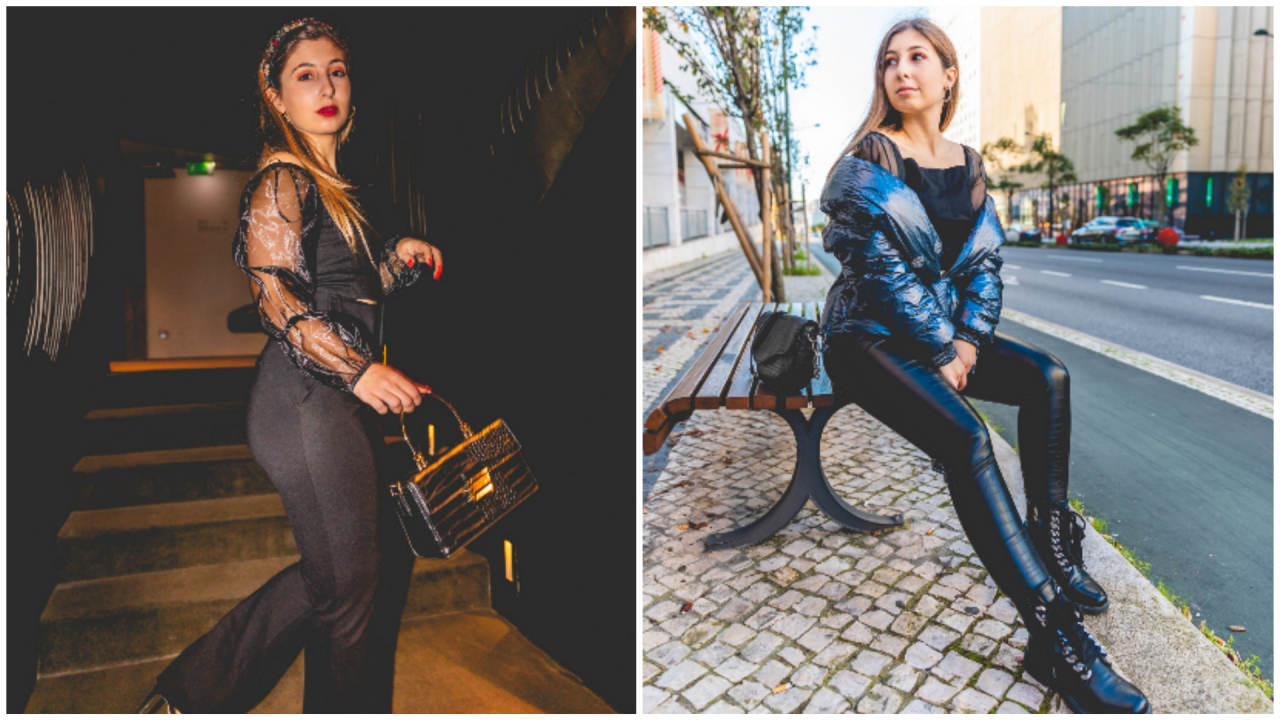 Bandolete, top e mala da Primark; calças da Marciano Los Angeles; saltos da Zara; kispo da Guess; calças efeito pele da Bershka; bolas calçado Guimarães