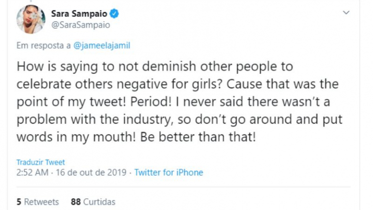 A discurssão acabou com um tweet de Sara Sampaio