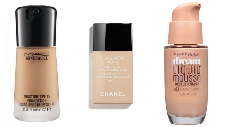Bases para pele seca: Mineralize Moisture, Mac; Vitalumiere Aqua, Chanel; Dream Liquid Mousse, Maybelline.
