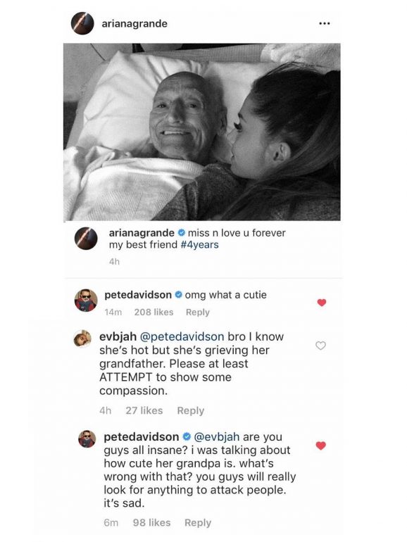 Pete Davidson tem recebido muitas mensagens de ódio por parte dos fãs de Ariana Grande