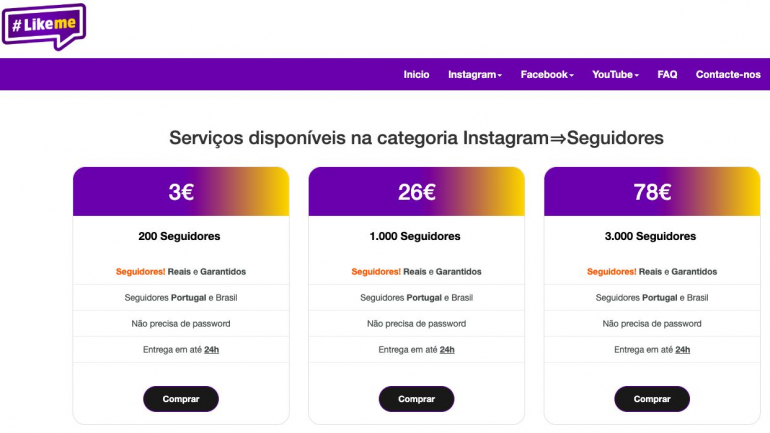 Alguns dos pacotes disponíveis do site LikeMe.pt, que usa a imagem do programa da TVI