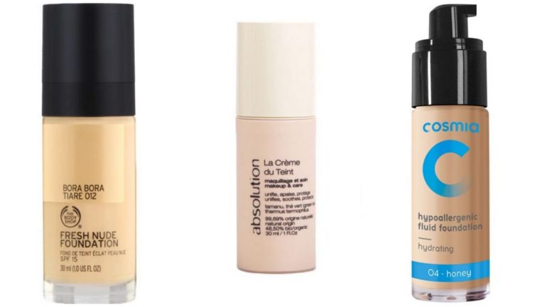Bases para peles sensíveis: Fresh Nude, The Body Shop; Tinted Day Cream, Absolution; Hypoallergenic Fluid Foundation, Cosmia.  