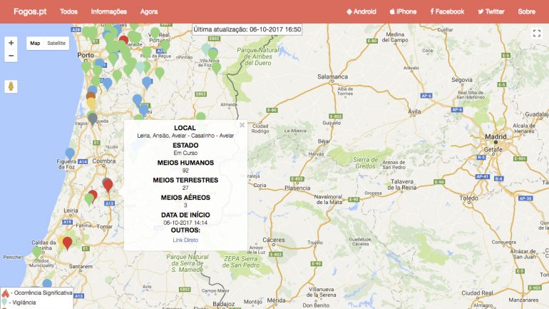 O site permite disponibilizar o estado atual dos incêndios em tempo real